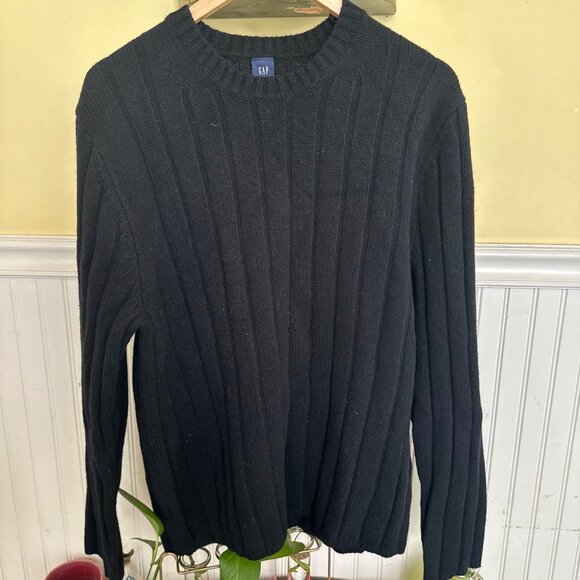 Vintage y2k Gap Black Lambswool Ribbed Knit Sweater Crewneck Long Sleeve Size L - Picture 1 of 6